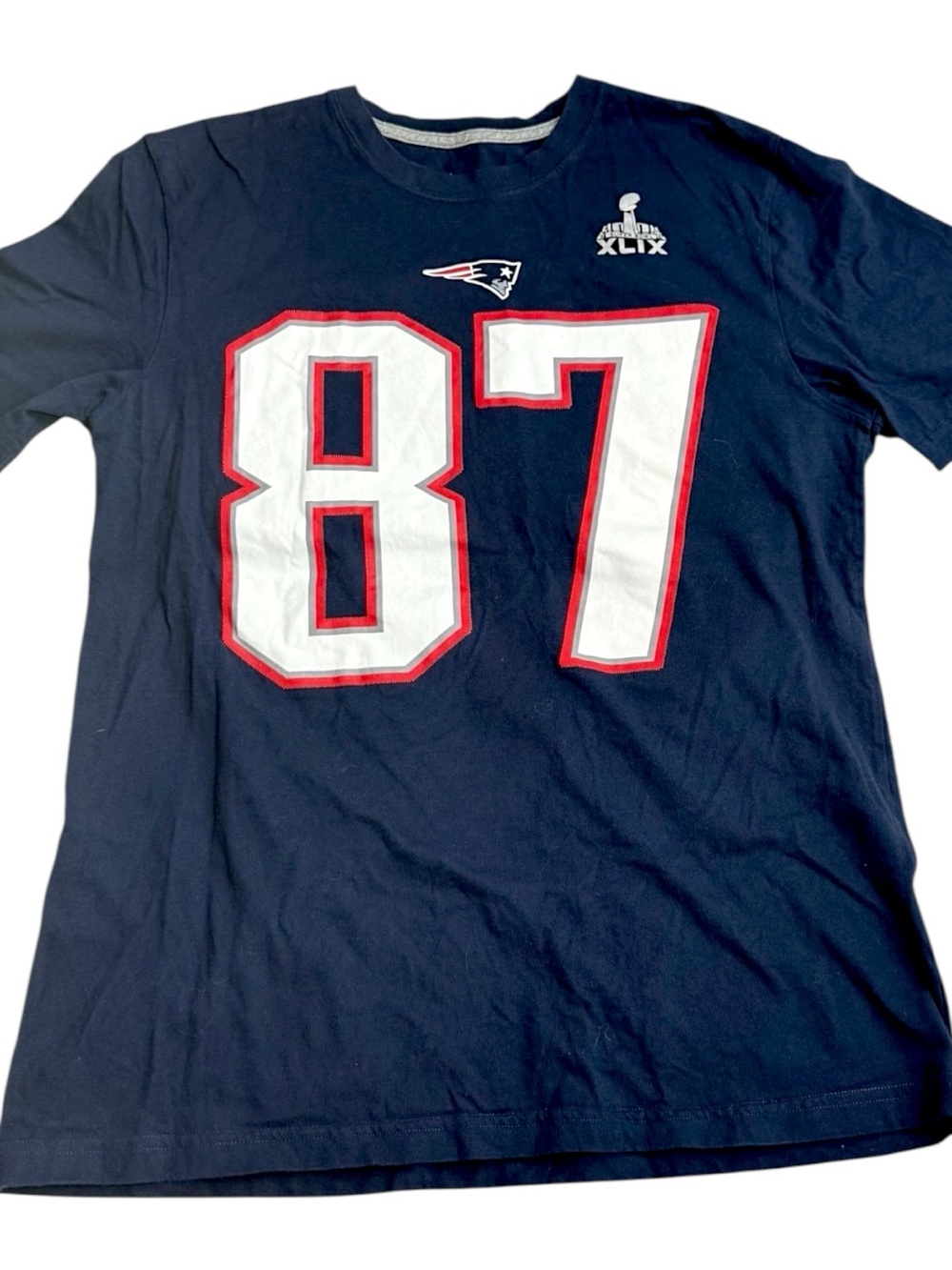 Nike Patriots Gronkowski 87 Mens L NFL Super Bowl XLIX Graphic Tee Navy